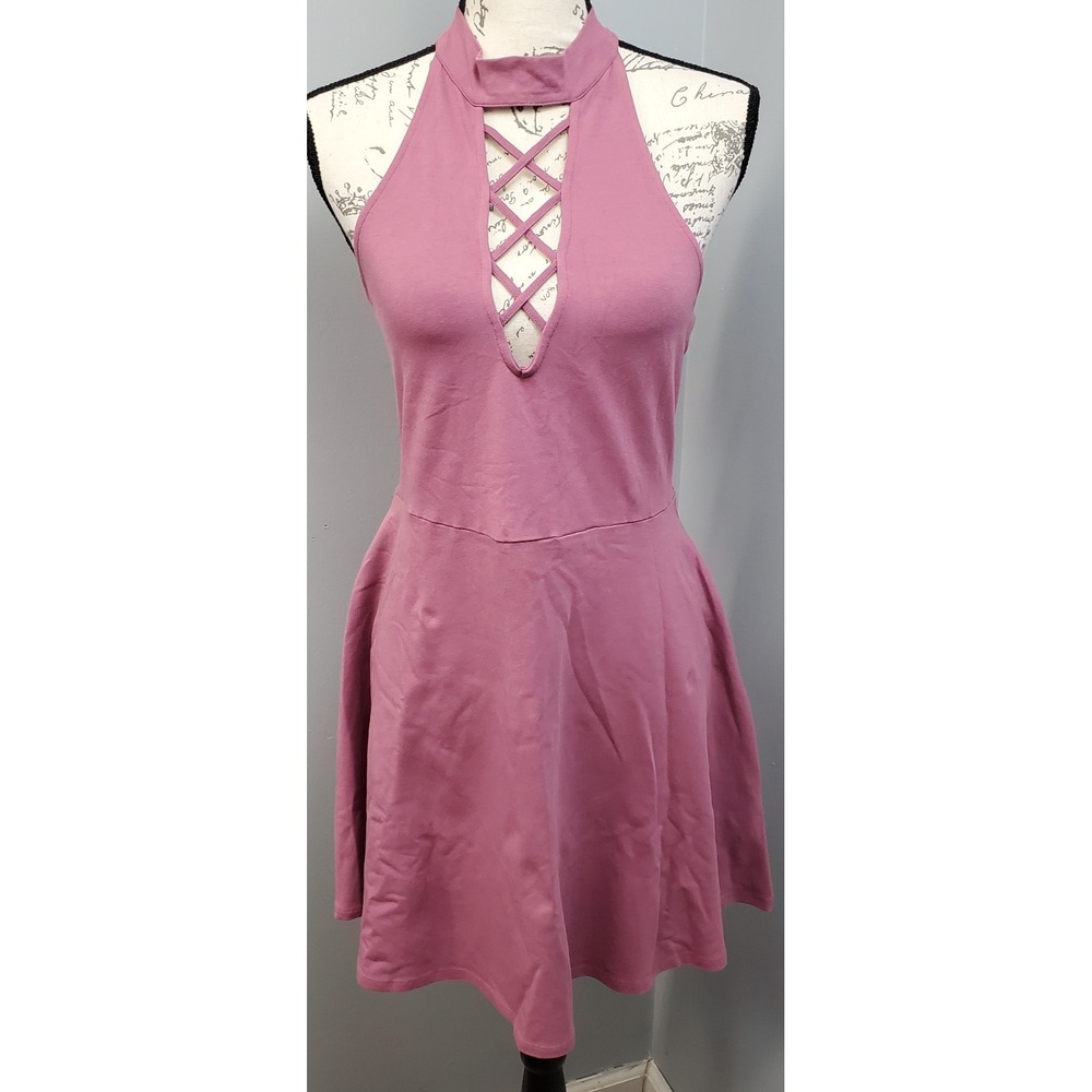 EXPRESS Fit & Flare Halter Dress Womens Medium Pink Criss Cross Cutout Stretch
